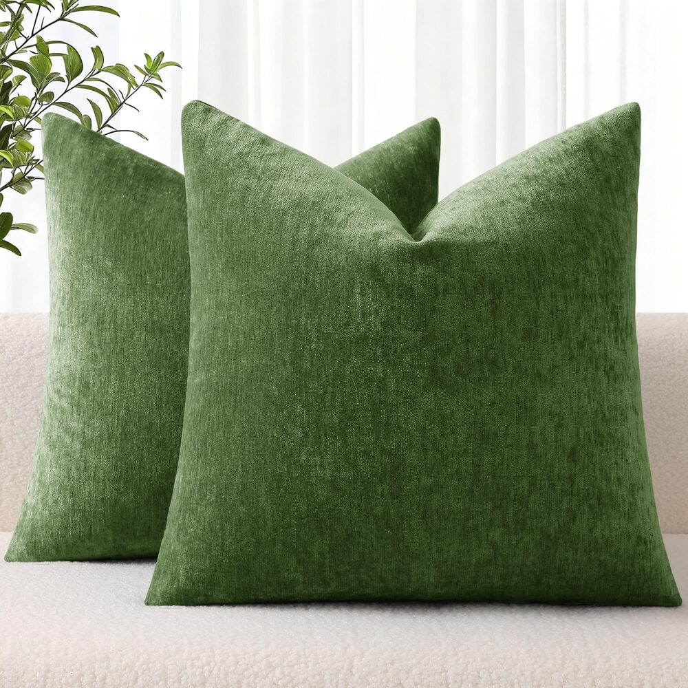 Set of 2, 18x18 Inch, Chenille Throw Pillow Covers (Moss Green)